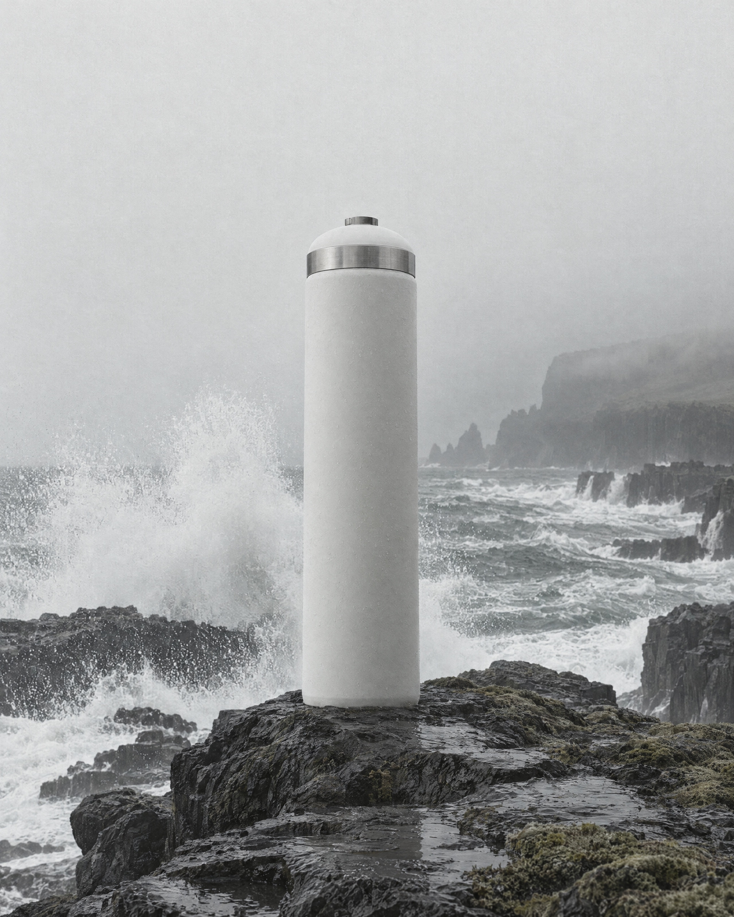 The Hvíta system standing on black coastal rock
